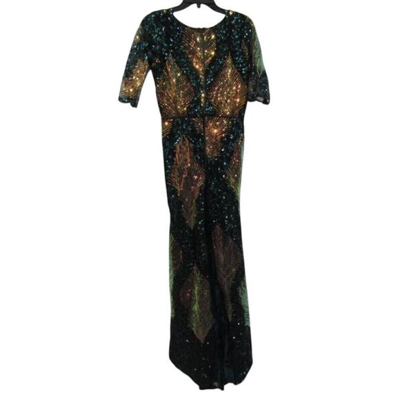 RARE Vintage '80s Art Deco Green & Gold Sequin Gown‎ - Picture 1 of 4